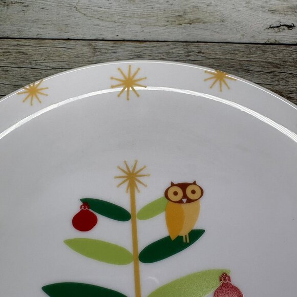 Rachael Ray HOLIDAY HOOT Christmas Tree Owl Stars Porcelain Dinner Plates Set 4 - Picture 13 of 16